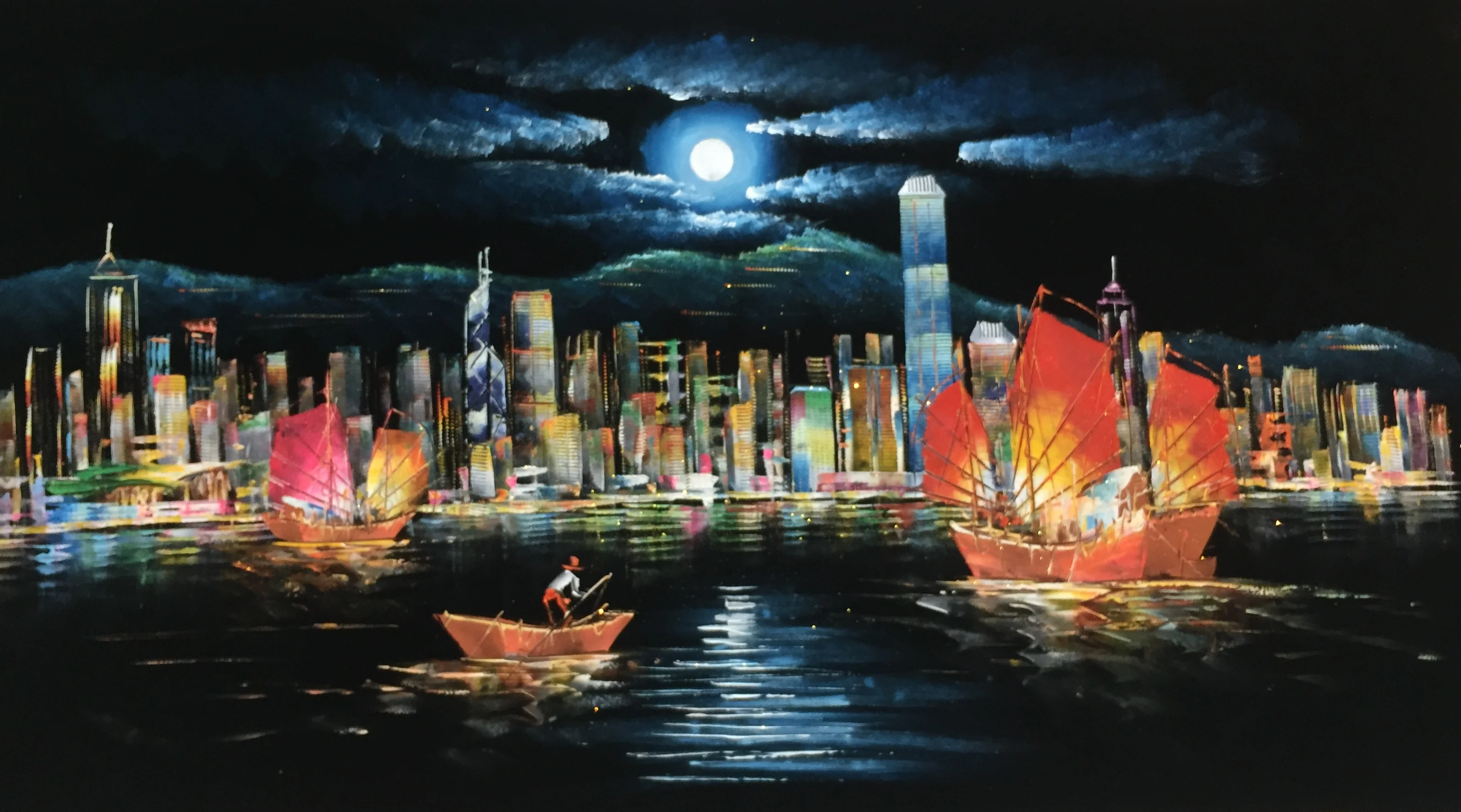 

100%Hand Painted Oil Painting on Flannelette Abstract Hong Kong Victoria Harbour Canvas Painting Wall Art Picture for Home Decor