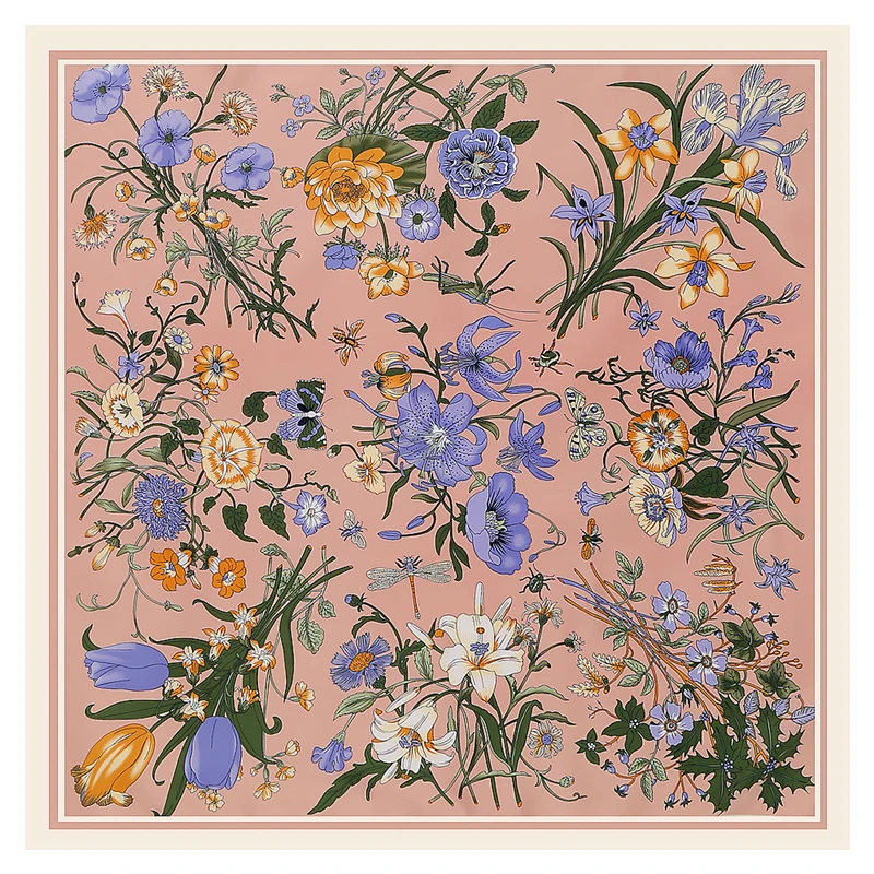 130cm יוקרה מותג אריג משי צעיף נשים בנדנה כיכר צעיף עיצוב פרחוני מטפחת צעיפים לנשים אופנה צעיף Echarpe