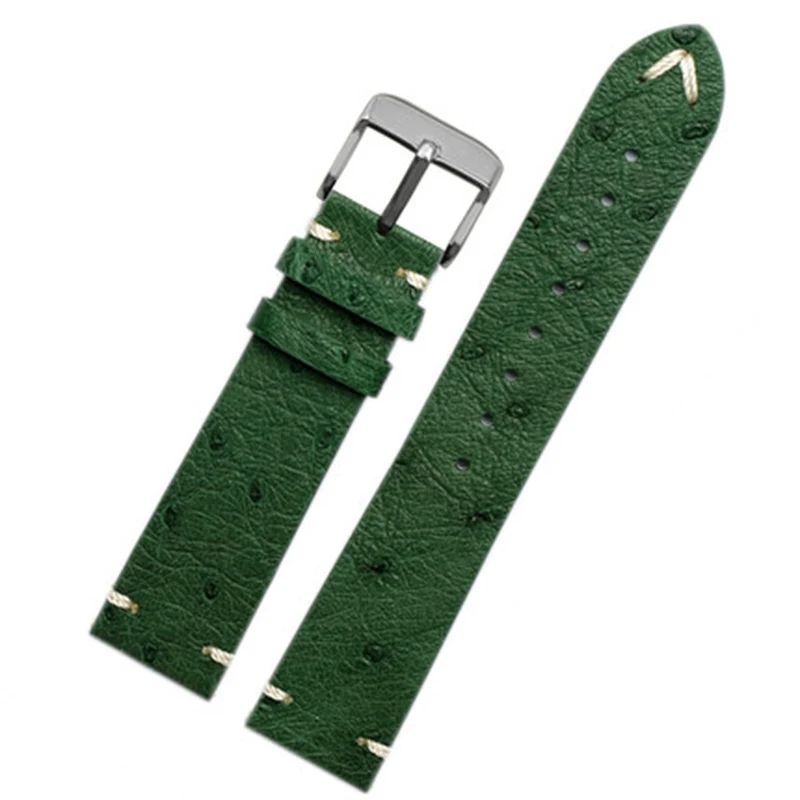 Ultra-thin soft handmade ostrich leather black and green watch strap for water ghost 18 20 22m watch straps