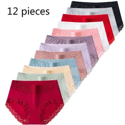 Sous-vêtements en coton pour femmes, 12 pièces/lot, culottes Sexy en dentelle douce et confortable pour filles, slips sans couture, Lingerie