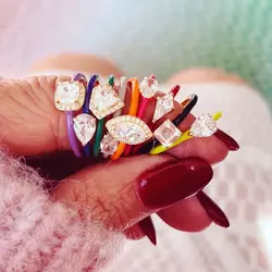 2022 New Colorful Women Jewelry Geometric Various Shaped Cubic Zirconia Pastel Enamel Band Ring