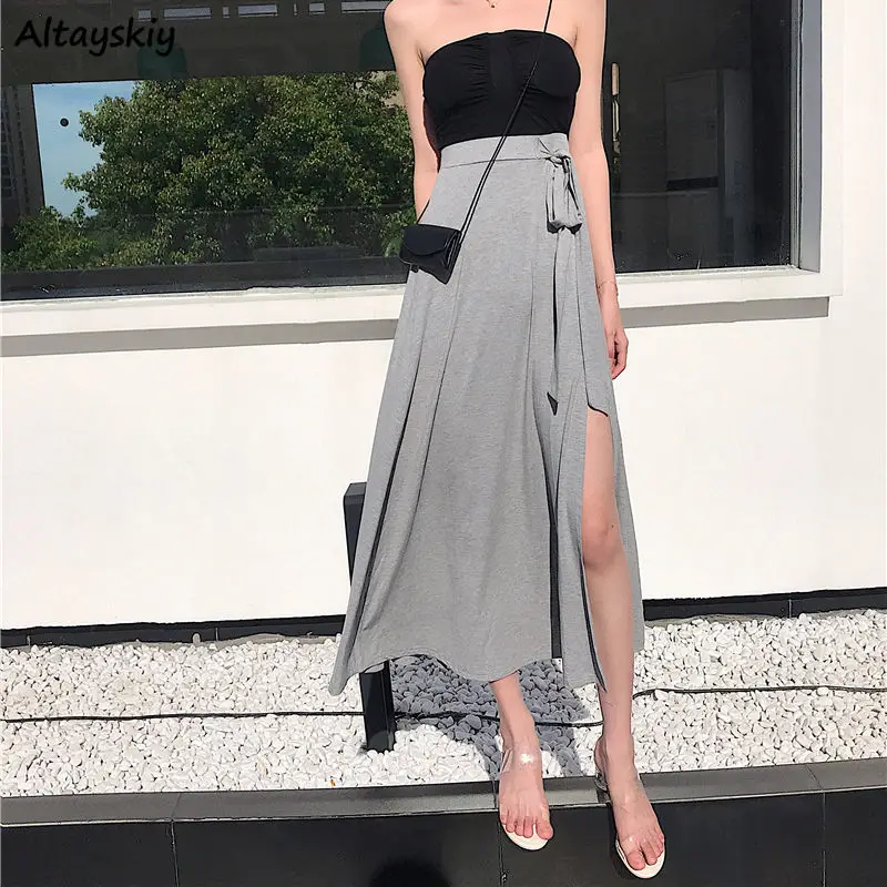 Skirts Womens Summer Solid Bow Side-Slit Mid-Calf Sexy Lady High Waist Lacing Up Casual Loose Elegant Feminine Chic Comfy 2020