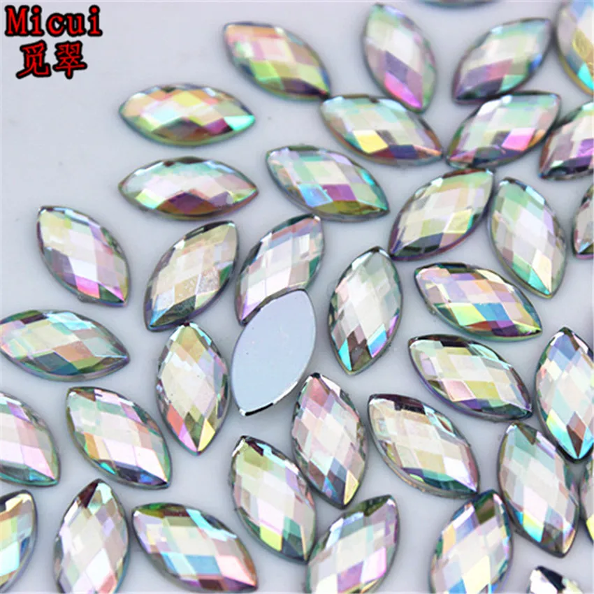 Micui 200pcs 6*12mm Horse Eye Rhinestones Flat Back Acrylic Gems Crystal Stones Non Sewing Beads for DIY Clothes MC350