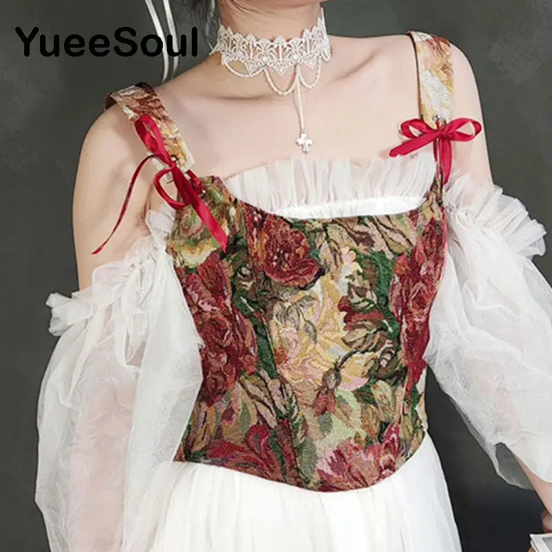 Floral Print Corset Bustier Red Bow Zipper Sleeveless Women Tops 2022 New Vintage Sweet Cute Y2K Aesthetic Fairycore Tank Top