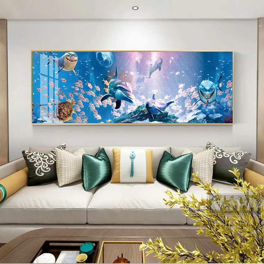 Modern Blue Posters and Prints Deep Sea Marine Fish Animals Canvas Painting Wall Art for Kidsroom Decoration Painting Unframed