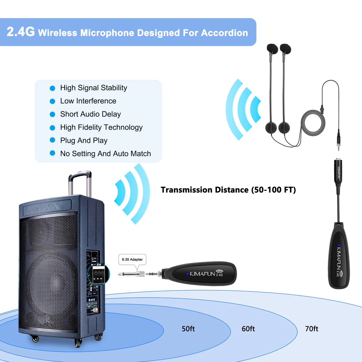 Беспроводной микрофон KIMAFUN 2,4G, двойной микрофон гармошкой, музыкальный инструмент, конденсаторный Высокоточный микрофон для гармошки