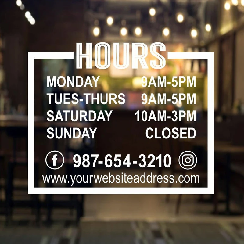 Store Hours Decal, Salon Coffee Shop Storefront Window Sign, Social Media Phone Website, Business Open Hours Vinyl Sticker E502