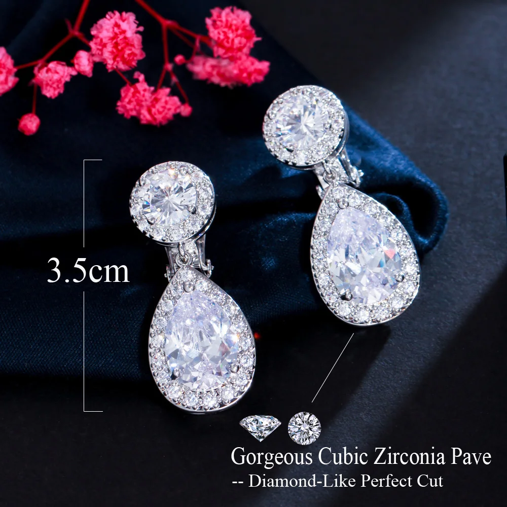 CWWZircons Non Pierced Ear Design Dangle Water Drop Cubic Zirconia Crystal Wedding Bridal Clip On Earring Without Piercing CZ102