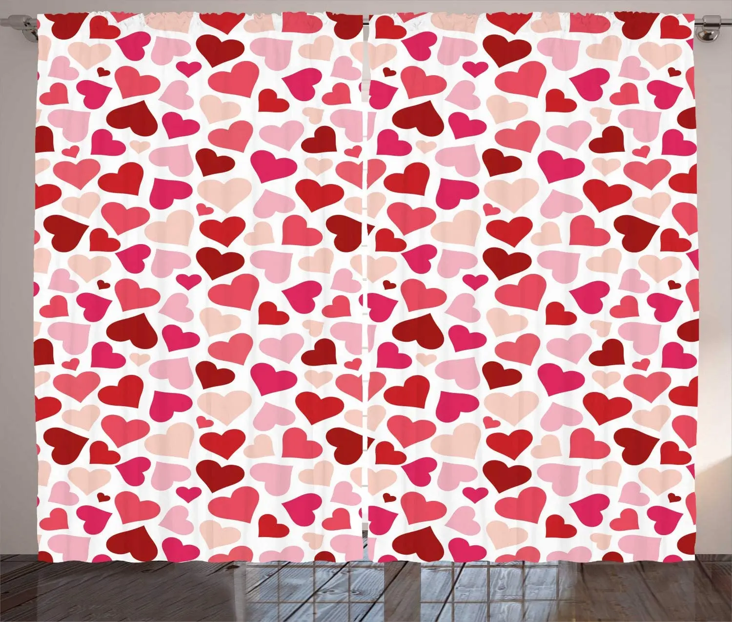 Romantic Curtains Valentines Day Celebration Hearts in Warm Tones Romance Design Living Room Bedroom Window Drapes Vermilion