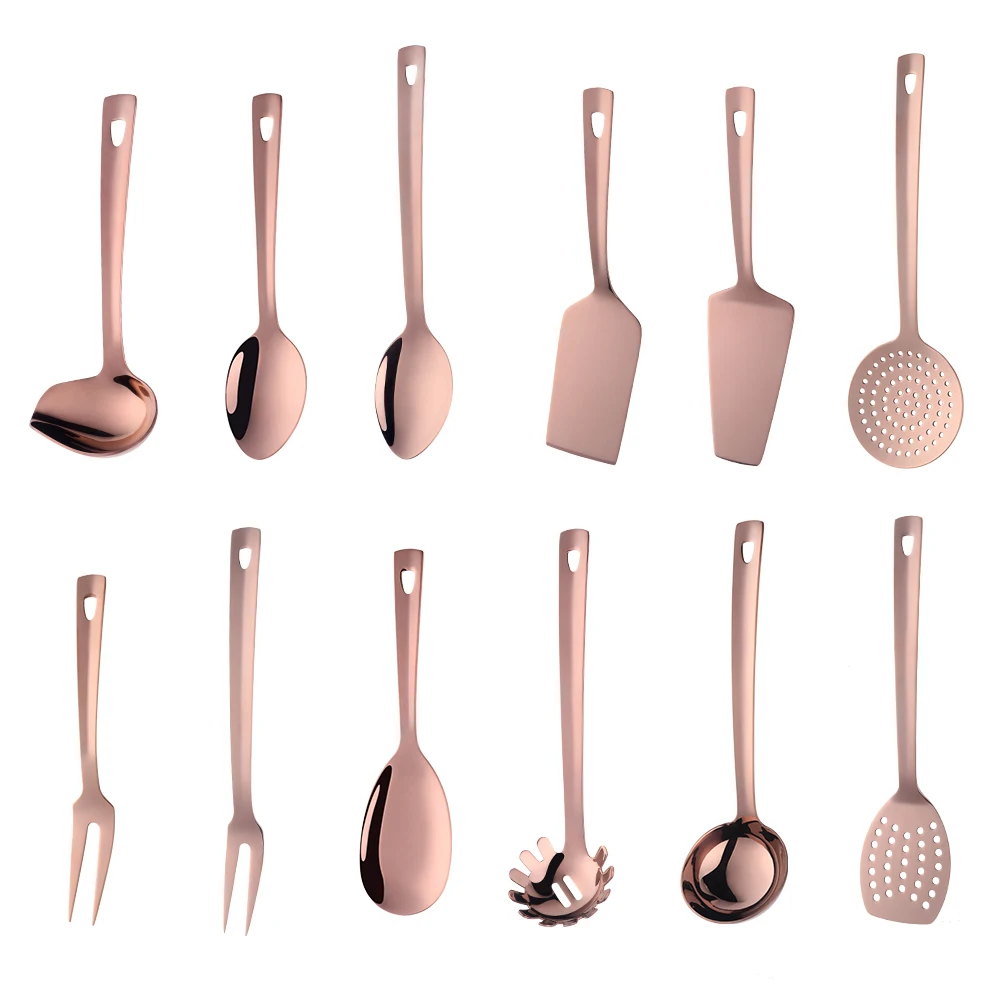 Pink Stainless Steel Long Soup Spoon Cooking Utensils Rose Gold Nonstick Kitchen Utensil Shovel Spatula Kitchenware Set Colander