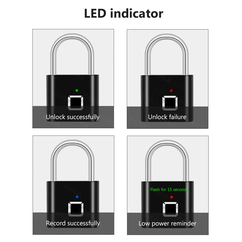 KERUI Smart Fingerprint Padlock USB Rechargeable Mini Size Finger Touch Lock for Door Cabinets Locker Bikes Door Lock