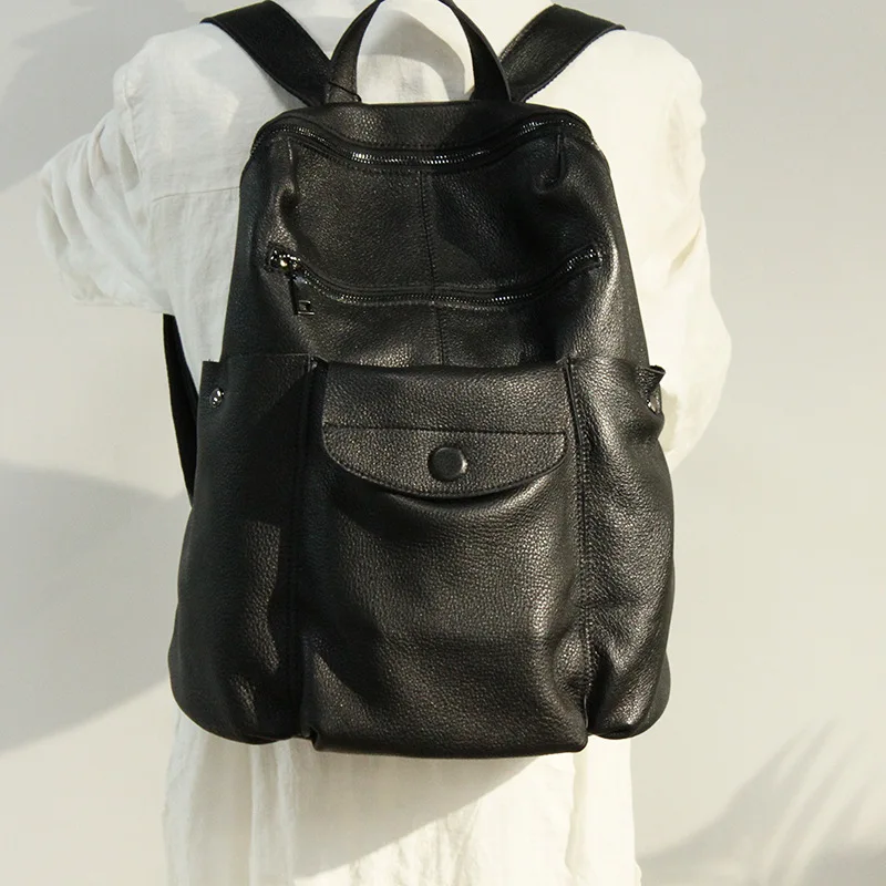 Women/Men Backpacks Genuine Leather School Bags With Crossbody Small Purse Large Capacity Outdoor Travel Knapsack 14\