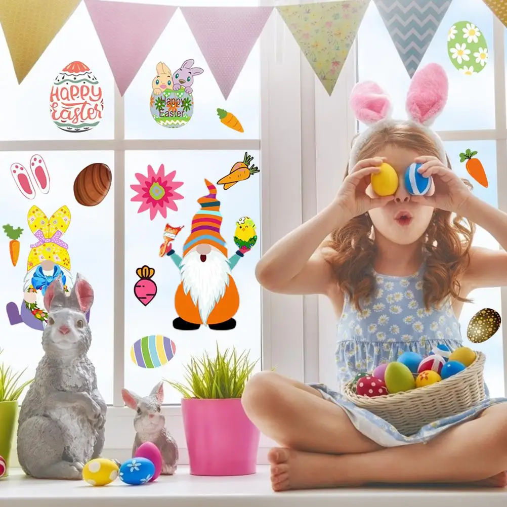 

9 Pcs Window Clings Easter Window Stickers Eggs Bunny Chicken Cartoon Easter Window Decals for Home Decoration Party Supplies