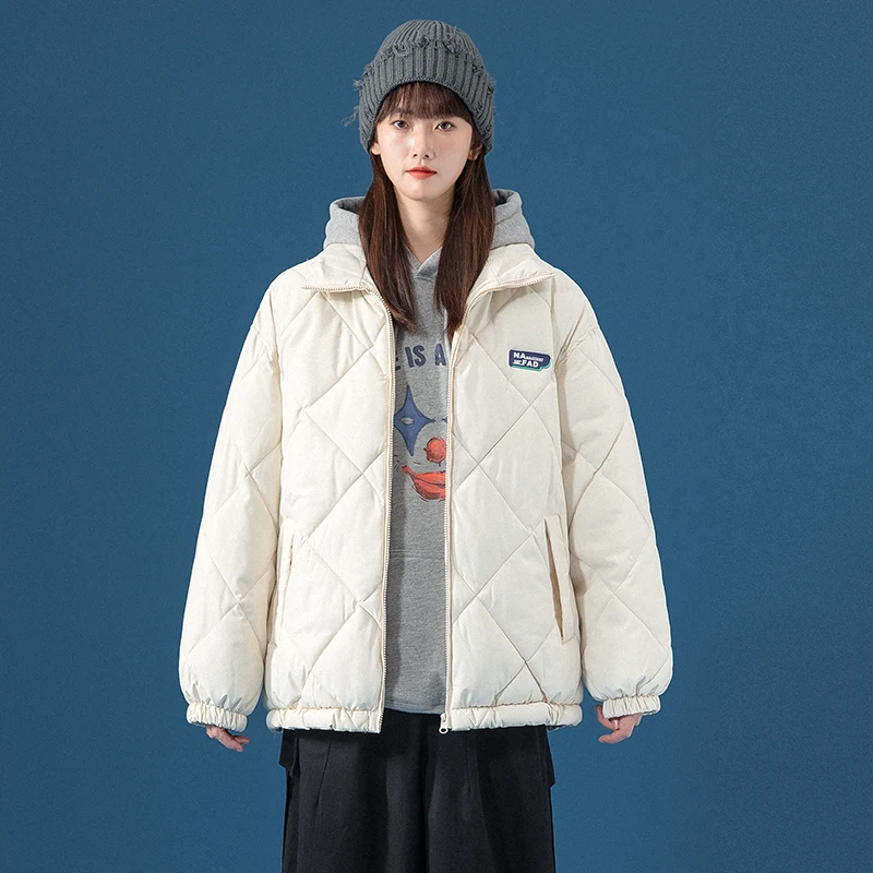 Inverno feminino 2021 nova jaqueta de verificação de diamante engrossado quente para baixo algodão parka casaco senhoras casual solto estilo coreano