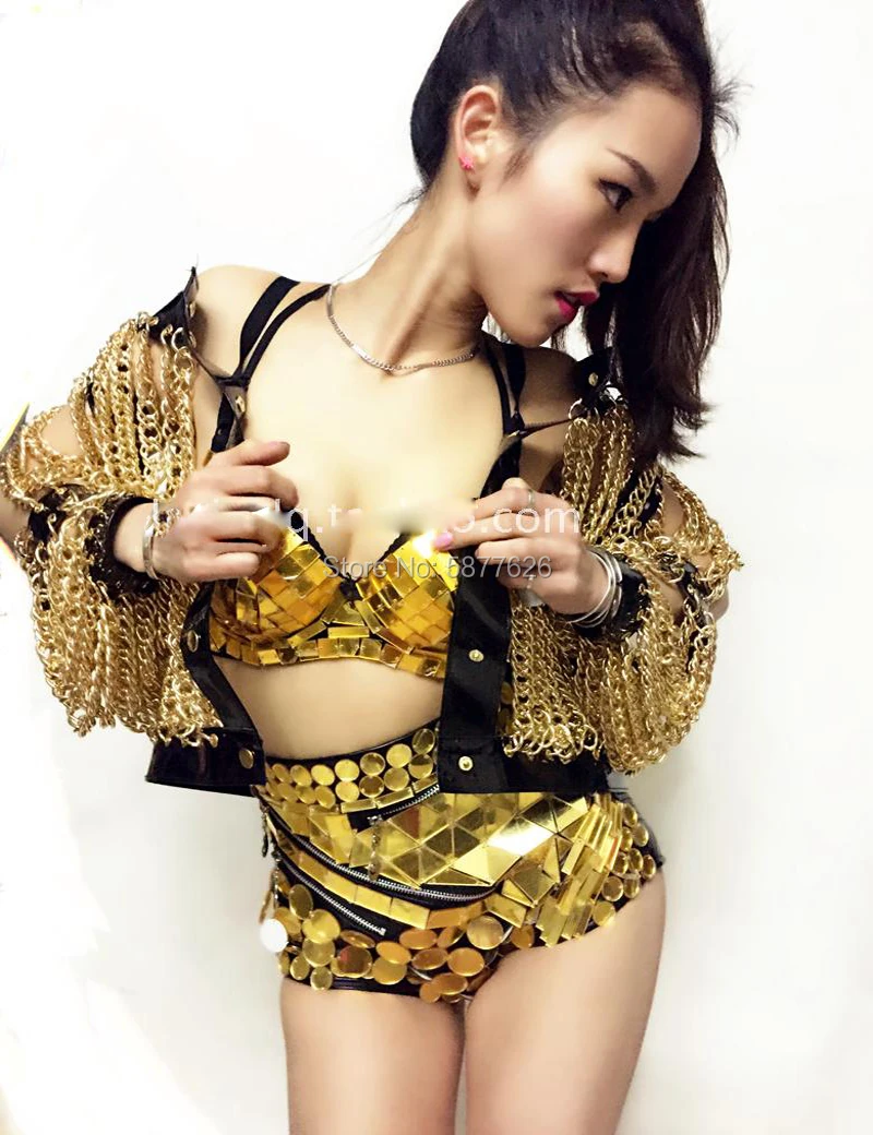 Women Sexy Gold Chains Costume Outfit Stage Performance bar Nightclub show Bra Chains Short coat nightclub stage dance wear