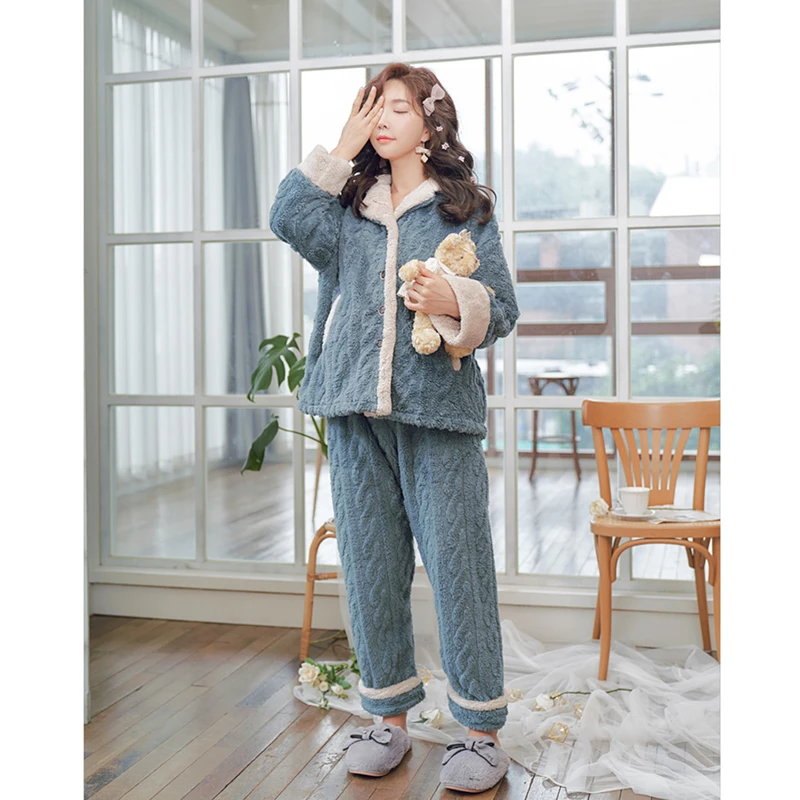 2 PCS Winter Pajamas Beauty Lounge Wear Home Clothes Sleep Set Solid Long Sleeve Pajamas Women Solid Sexy Store Top Pajama H364