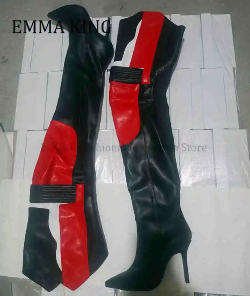 2021 Spring Autumn Women Boots Black And Red Motorcycle Boots Pointy Toe Over the Knee Boots Sexy Thigh-High Boots Big Size 44