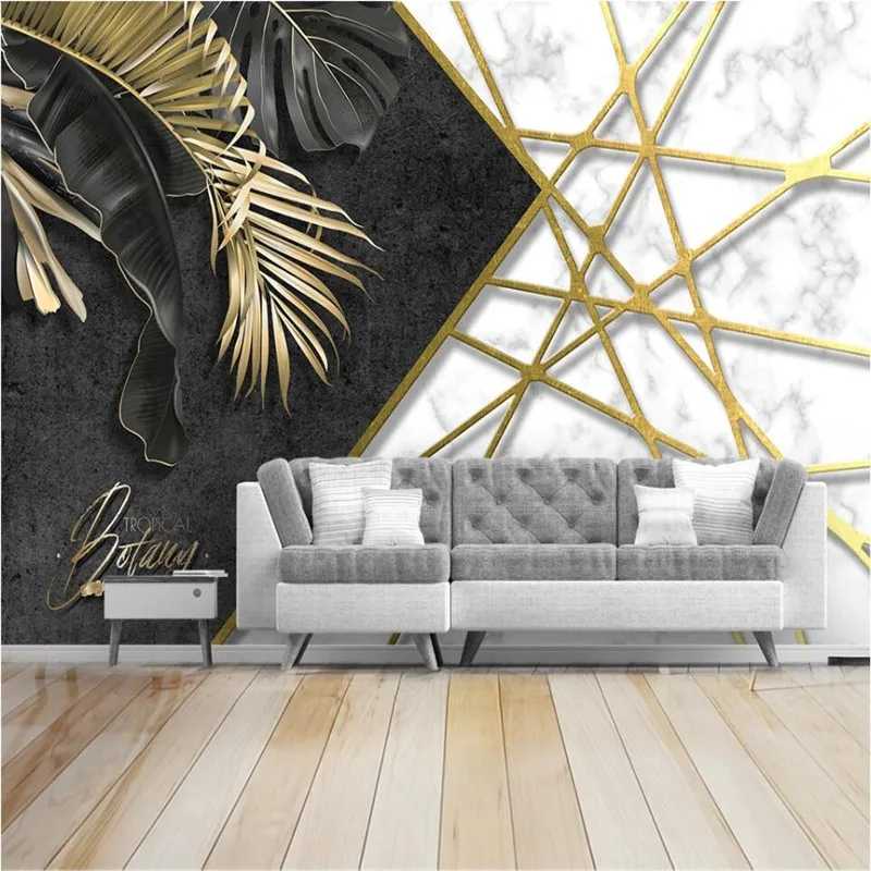 

Milofi customized large 3D printed wallpaper mural simple hand-painted geometric lines tropical plants golden background wall