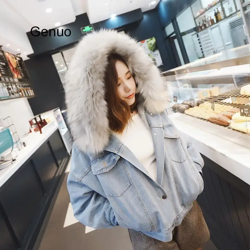 

Winter Denim hooded Coat Women streetwear Lady fashion casual Jackets Parka female single breasted outwear