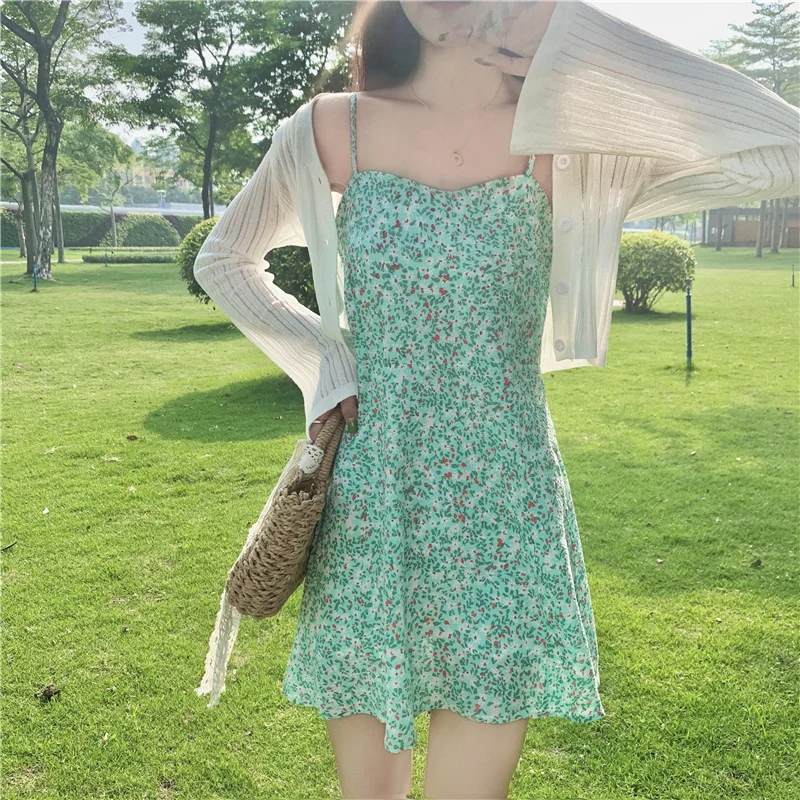 Summer Dress Sling Print Floral Dress Short Suspender Chiffon Dress + Short Loose Flared Sleeve Ice Silk Sunscreen Cardigan Top