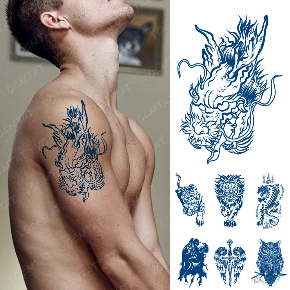 Juice Lasting Ink Tattoos Body Art Waterproof Temporary Tattoo Sticker Dragon Totem Tatoo Arm Fake Lion Tiger Animal Tatto