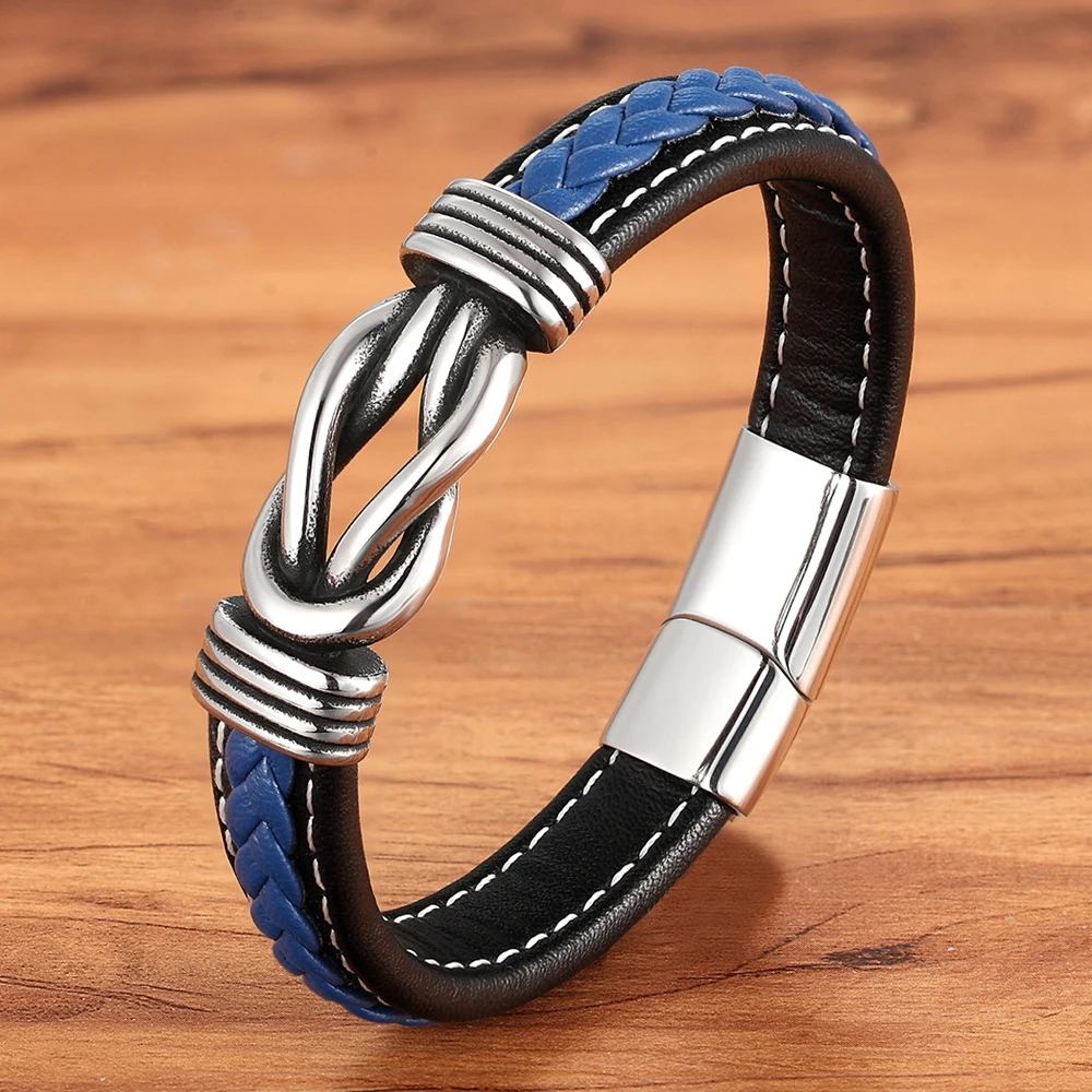 TYO bracciale in pelle da uomo geometrico in acciaio inossidabile con chiusura magnetica intrecciata a mano bracciale in pelle nera blu regalo di gioielli di natale