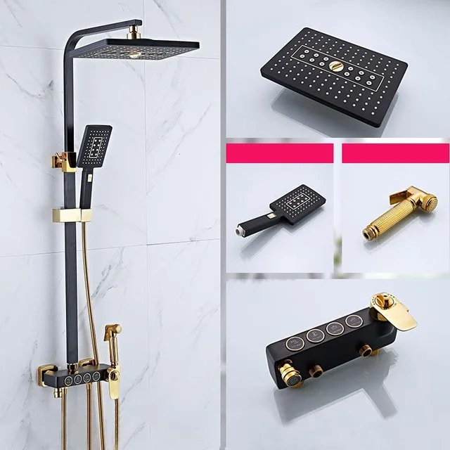 Hot Cold Bathroom Shower Set SDSN 12 Inch Rainfall Bathroom Shower Mixer Tap Black Gold Bath Shower System Thermostatic Shower