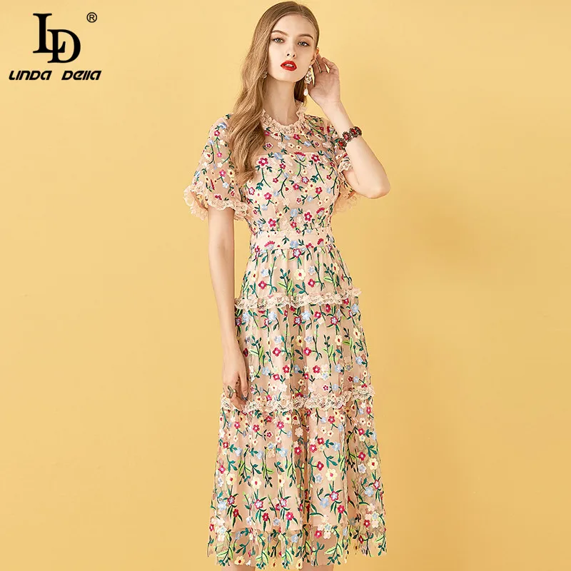 LD LINDA DELLA Summer Fashion Runway Party A Line Dress Women Lace Mesh Flowers Embroidery Dress Ladies Vintage Midi Dresses