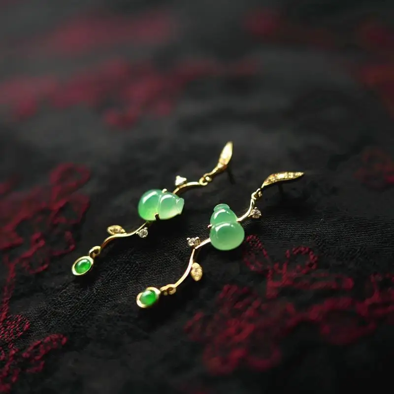 New original plant surround gourd design sense natural chalcedony earrings elegant charm creative retro silver jewelry