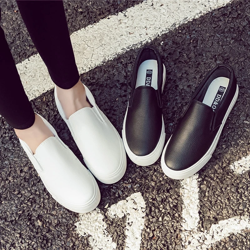 

Women Leather Shoes Spring Trend Casual Female New Fashion Comfort Slip-on Platform Vulcanized Shoes