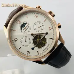 Parnis new 43mm rose gold case white dial date leather strap waterproof automatic mens top leisure flywheel mechanical watch