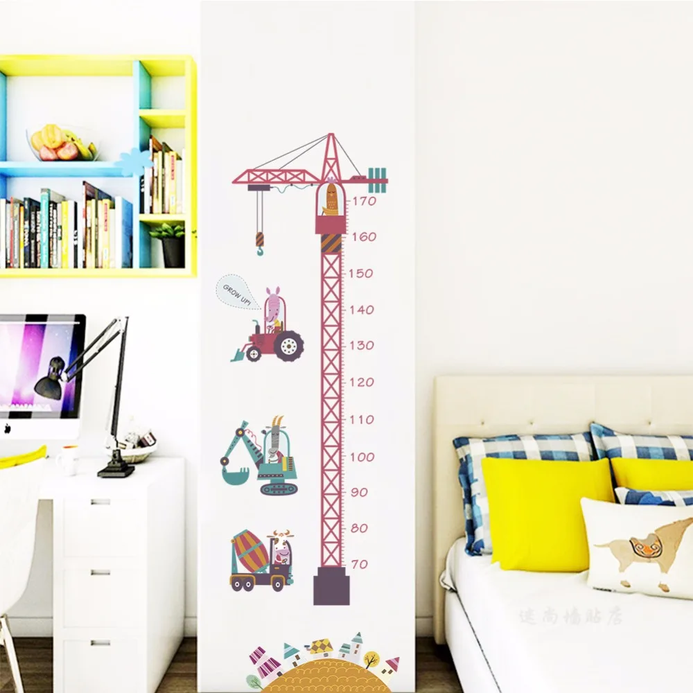 Pink Crane Engineer Car Height Measure Wall Stickers for Children Room Mural Pvc Growth Up Chart Ruler Home Decals Art Poster