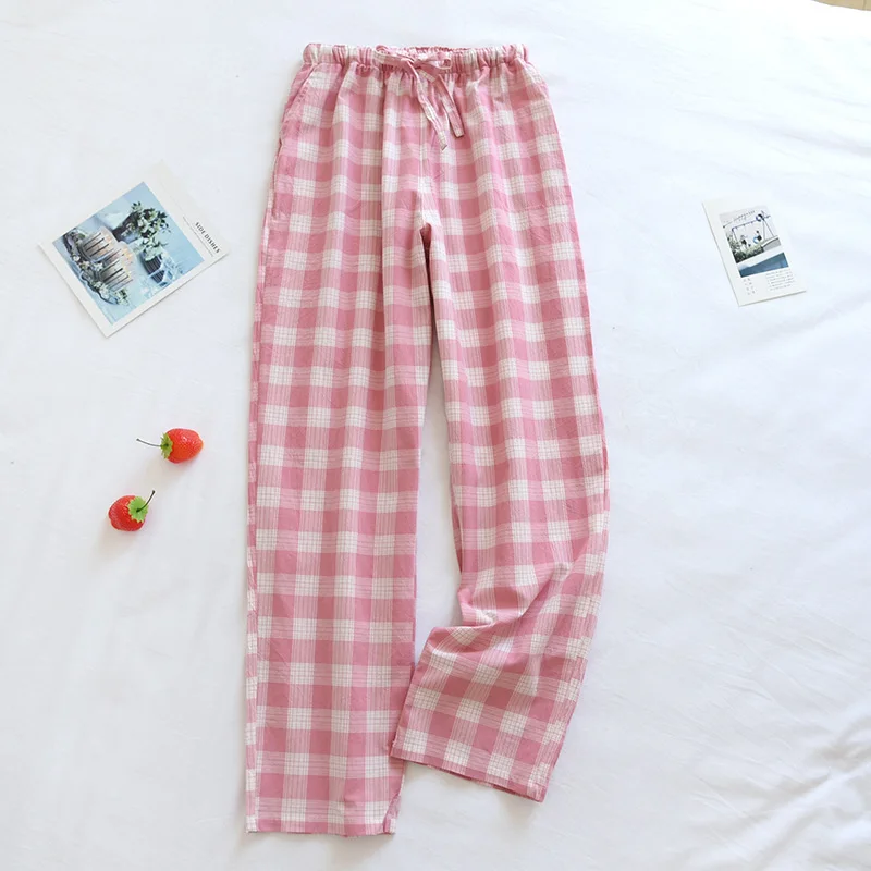 100% Cotton Comfortable Pajamas Pants For Women New Spring Autumn Couple\'s Sleepwear Loose Large Size Plaid Female Trousers