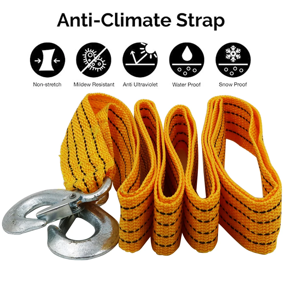 3Ton 3m Powerful Car Towing Rope Auto Tow Cable Strap Bind Pull Rope with Hooks Towing Ropes Suitable for Car Motorcycle Vehicle