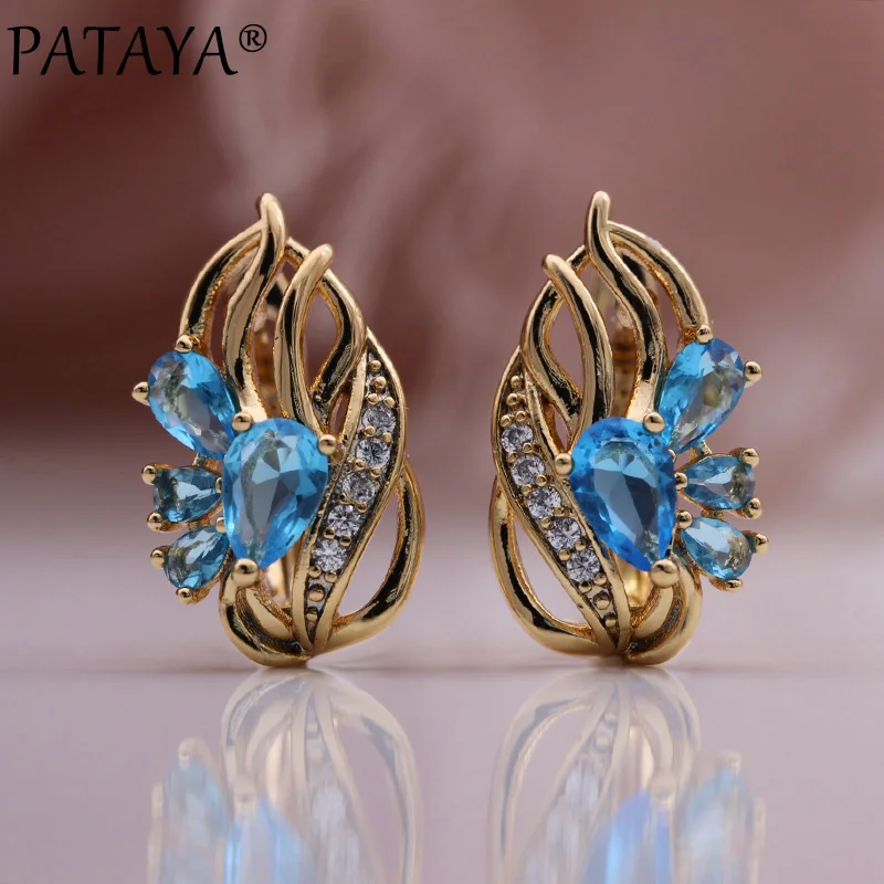 PATAYA New Trend Women Hollow Earrings Blue Water Drop Natural Zircon Earrings 585 Rose Gold Color Wedding Fashion Jewelry