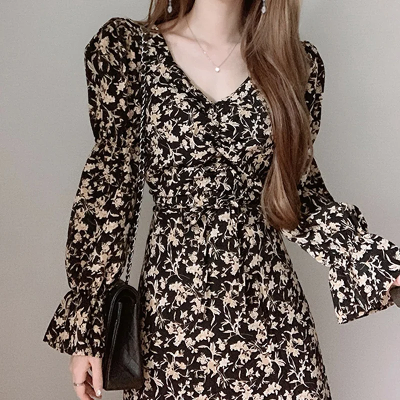 Autumn Print Floral Dresses for Women Clothing High Waist Party Spring 2022 Woman Chiffon Dress A-Line Long Sleeve Elegant Robe