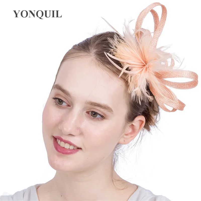 

Elegant Wedding Cocktail Hat For Women Champagne Feather Flower Design Banquets Ladies Summer Occasion Event Race New Arrival