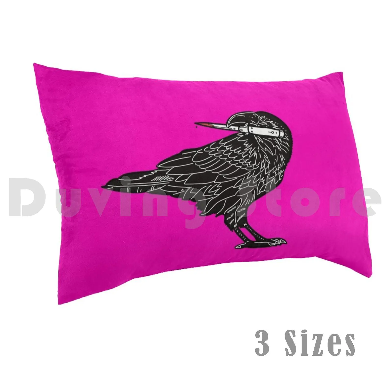 Pillow Case Macawbre Crow ( Without Text ) | Black White & Red Hat Macabre Crow Raven Knife