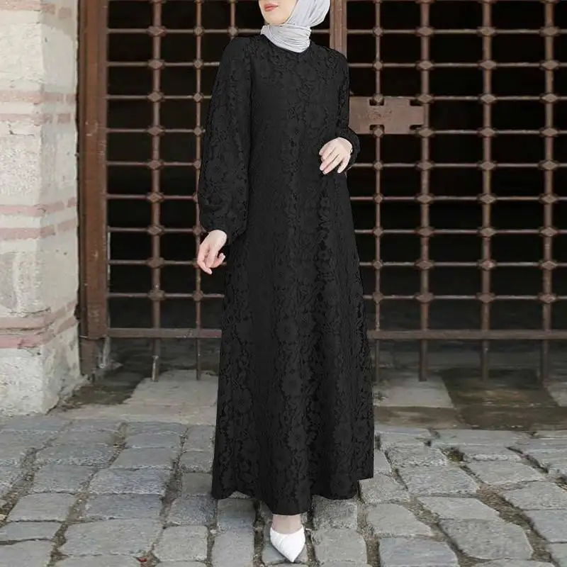 Zanzea Vrouwen O Hals Lange Mouw Sundess Mode Moslim Kaftan Kant Bloemen Maxi Jurk Abaya Marokko Lange Maxi Jurk Casual gewaad