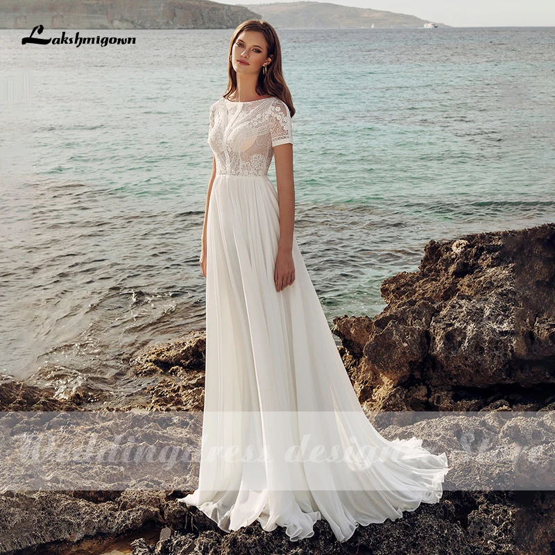 Robe De Mariee 2021 Simple Wedding Dresses White robe longue Chiffon Bridal Gown Beach Boho Wedding Dress Scoop Neck Custom Made