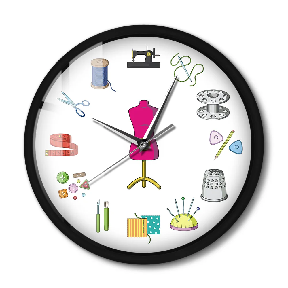 Seamstress Sound-Activated Wall Clock Tailor Shop LED Voice Control Light Quilting Sew Time Metal Frame Horologe