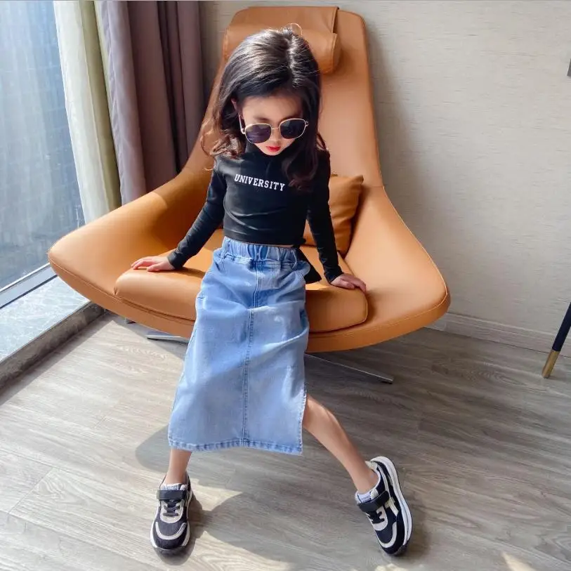 

Girl fashion denim skirts children summer new Split fork skirts kids high waist A- line skirts for 4-14 years wz142