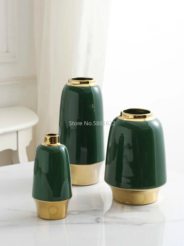 Golden Green Ceramic Vases for Flowers Desktop Ornament Simple Smooth Gold Flower Insert Home Decoration Accessories Modern