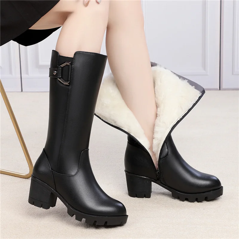 MORAZORA Plus size 35-43 Real Wool Women Boots Square High Heels Cow Leather Mid Calf Warm Winter Boots Thick Fur Snow Botas