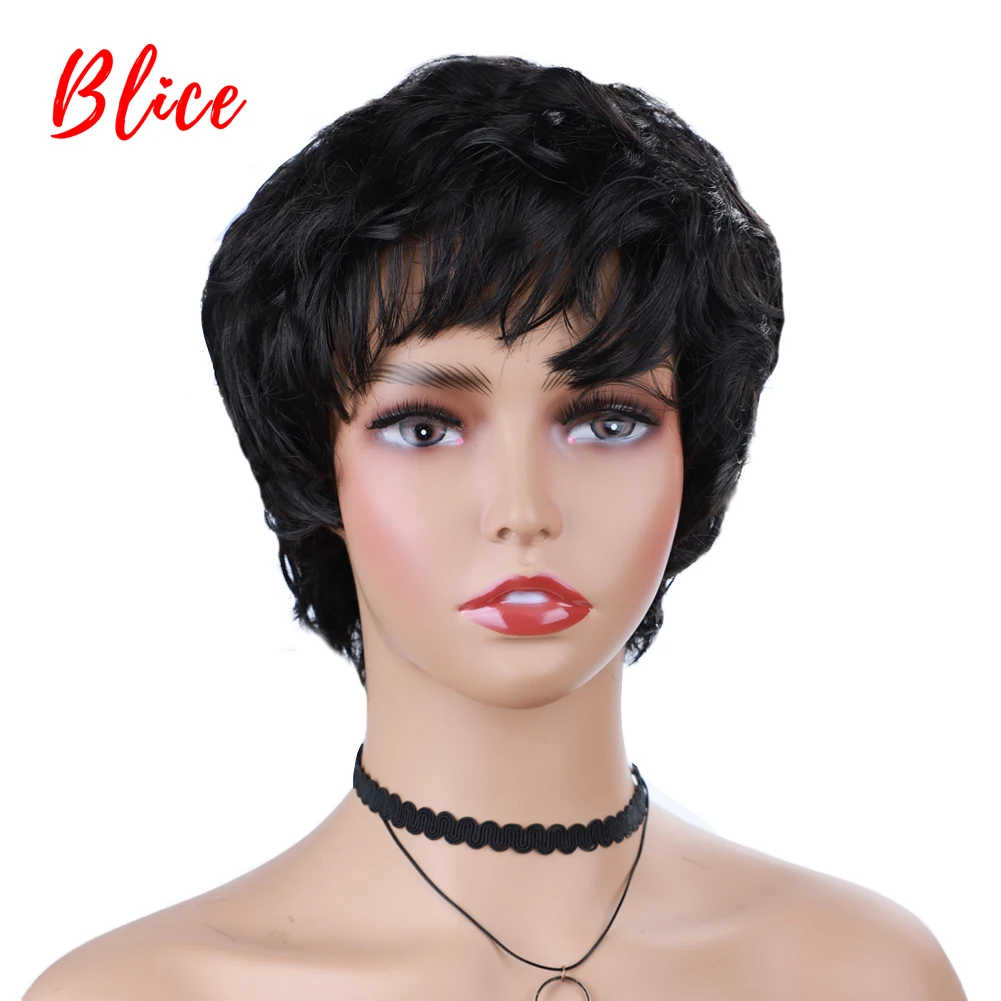 Blice Synthetic Hair 4Inch Short Natural Wavy Women Pixie Cut Black Free-Side Bang Daily Party&Cosplay Straight Wigs