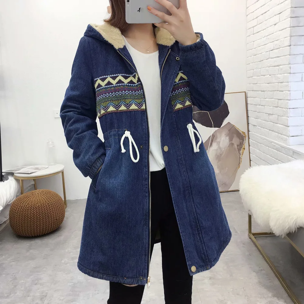 

New Women's Denim Jacket Winter 2024 Printing Warm Thicken Plus Velvet Cotton Padded Coat Loose Hooded Long Outerwear Female