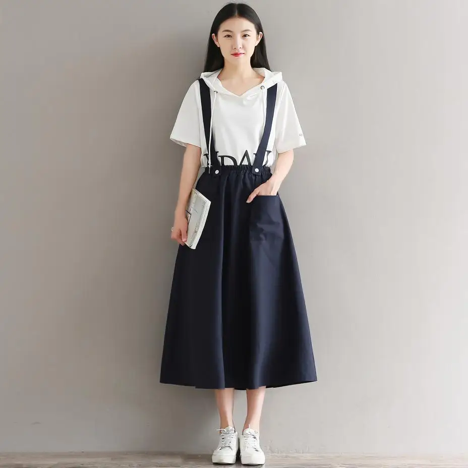 Summer Women Skirts Long Midi Preppy Style Cotton Linen Elastic High Waisted Double Pockets Kawaii Suspender Skirts Teen Girls