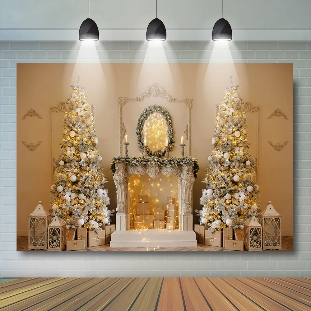 عيد الميلاد خلفية الاطفال صور الذهب الموقد ديكور الهدايا بريق الأشجار راية شمعة الدعائم الطفل الطفل فوتوستوديو خلفية