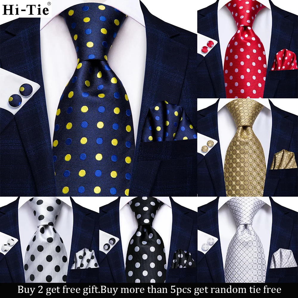 Hi-Tie Navy Blue Red Dot Silk Wedding Tie For Men Hanky Cufflink Mens Gift Tie Set Business Party Dropshipping Fashion Designer