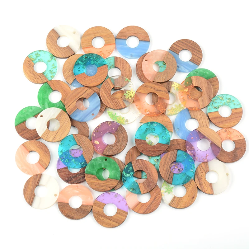 10PCS Round Design Earrings Accessories Natural Wood & Resin Splicing Hand Made DIY Making Charms Jewelry Findings & Components